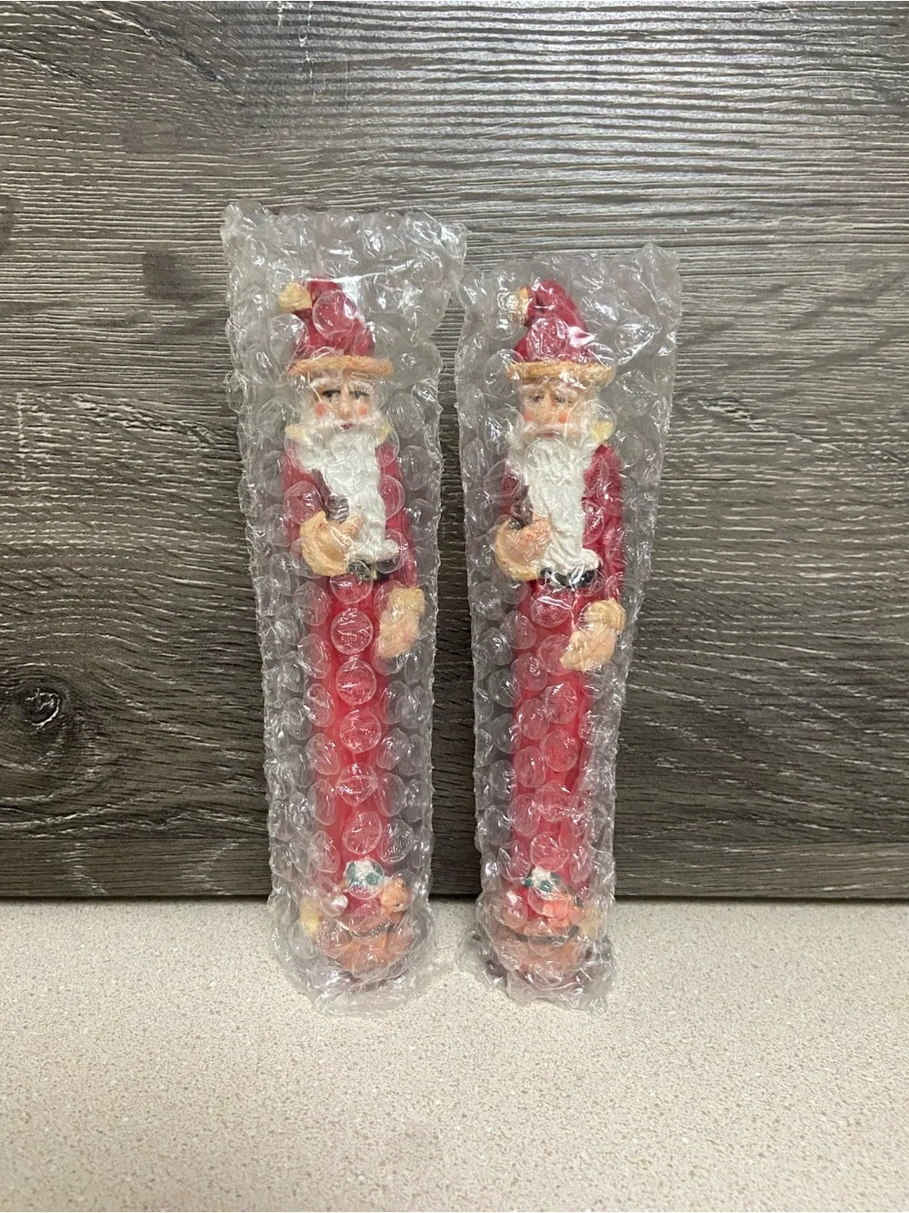 Vintage Santa Claus Figurine Set of 2 Skinny Pencil Tall Red Standing Pair